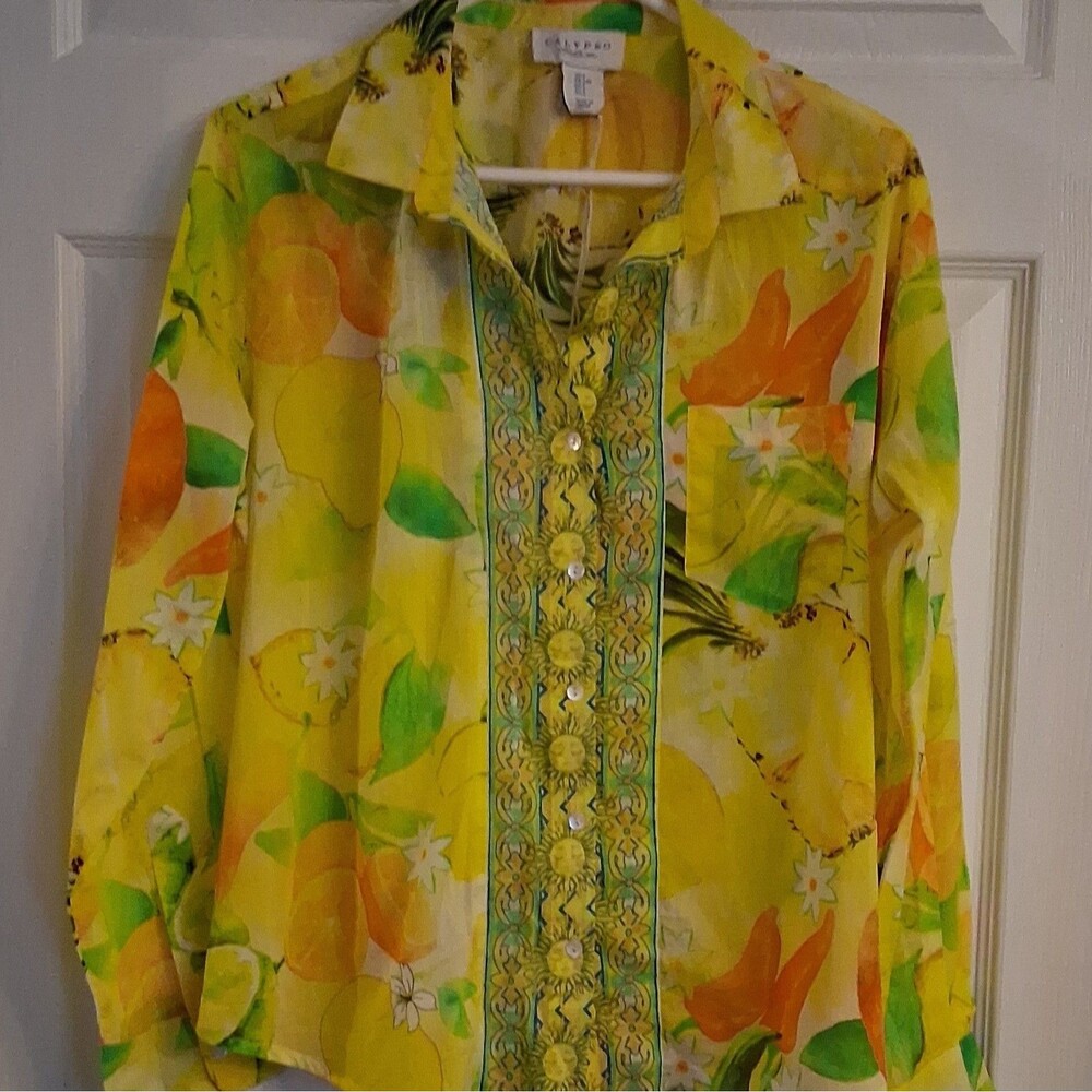 Calypso St Barth NWT Womens Lemon Orange Citrus Print Button Down Blouse Size L
